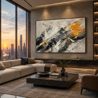 Abstract Expressionist abstract oil painting showing black, white and orange gestural brushwork in a black and white palette, contemporary wall art.
