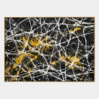 Abstract Expressionist abstract oil painting showing black ground crossed by white lines and gold accents in a black palette, contemporary wall art.