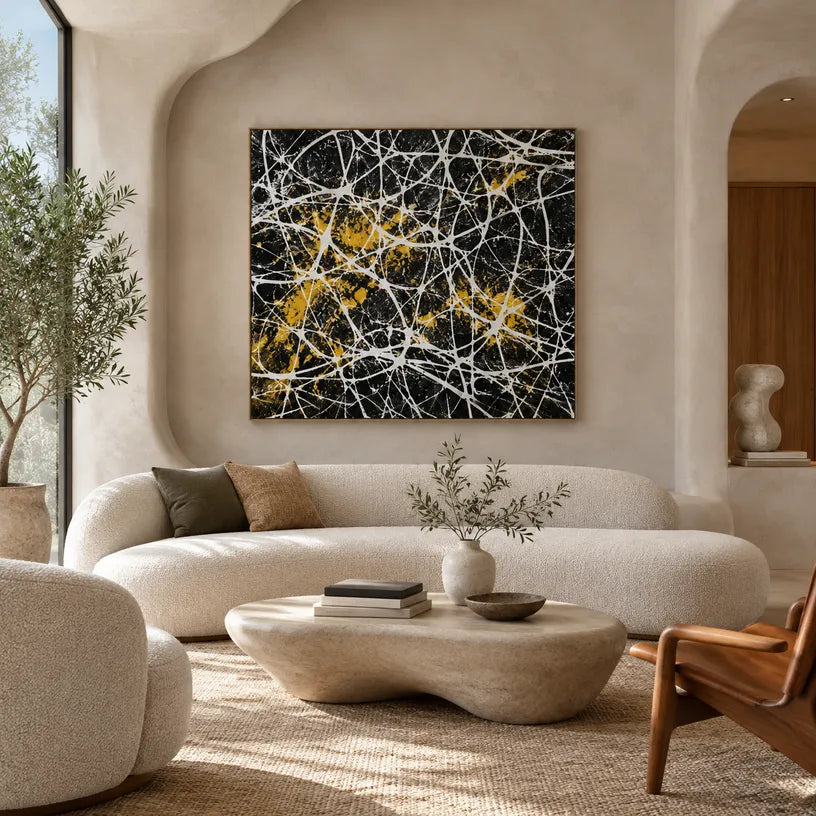 Abstract Expressionist abstract oil painting showing black ground crossed by white lines and gold accents in a black palette, contemporary wall art.