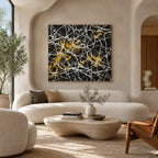 Abstract Expressionist abstract oil painting showing black ground crossed by white lines and gold accents in a black palette, contemporary wall art.