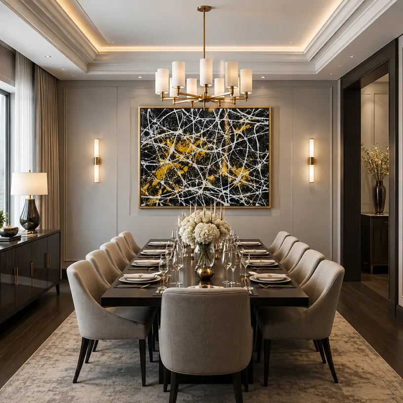 Abstract Expressionist abstract oil painting showing black ground crossed by white lines and gold accents in a black palette, contemporary wall art.