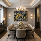 Abstract Expressionist abstract oil painting showing black ground crossed by white lines and gold accents in a black palette, contemporary wall art.