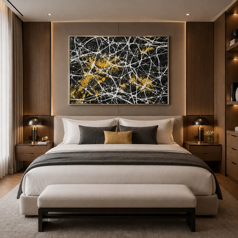 Abstract Expressionist abstract oil painting showing black ground crossed by white lines and gold accents in a black palette, contemporary wall art.
