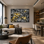 Abstract Expressionist abstract oil painting showing black ground crossed by white lines and gold accents in a black palette, contemporary wall art.