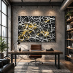 Abstract Expressionist abstract oil painting showing black ground crossed by white lines and gold accents in a black palette, contemporary wall art.