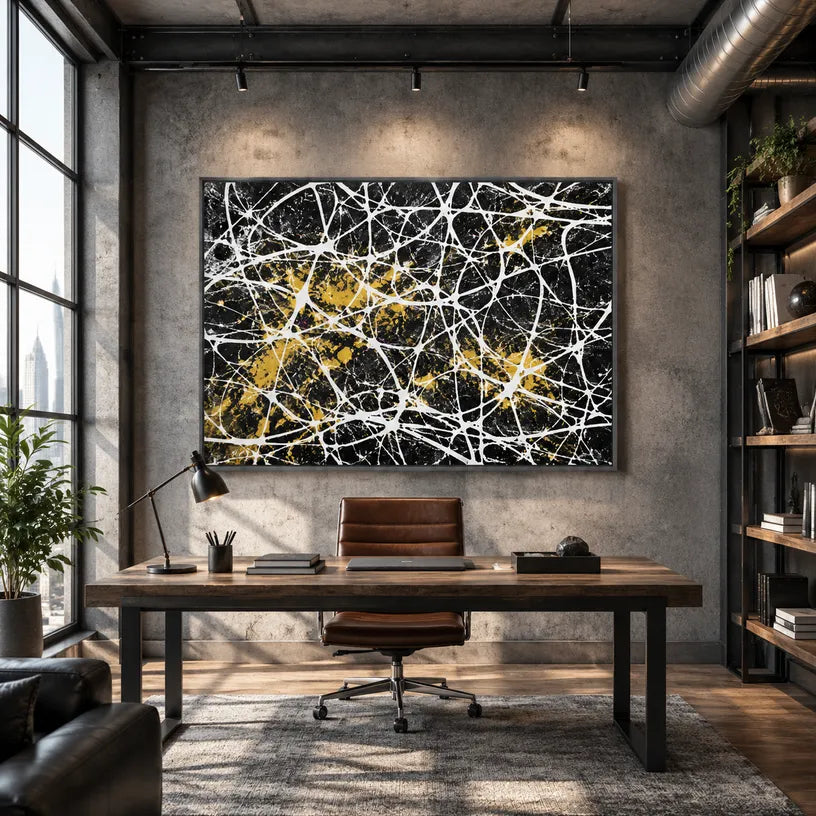 Abstract Expressionist abstract oil painting showing black ground crossed by white lines and gold accents in a black palette, contemporary wall art.