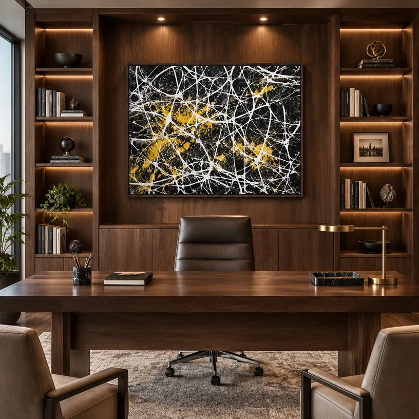 Abstract Expressionist abstract oil painting showing black ground crossed by white lines and gold accents in a black palette, contemporary wall art.