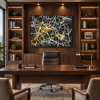 Abstract Expressionist abstract oil painting showing black ground crossed by white lines and gold accents in a black palette, contemporary wall art.