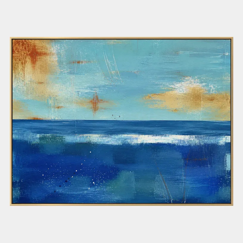 Abstract Expressionist landscapes & seascapes & cityscapes oil painting showing a layered seascape with open water, sky and painterly movement in a blue palette.