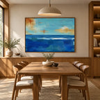 Abstract Expressionist landscapes & seascapes & cityscapes oil painting showing a layered seascape with open water, sky and painterly movement in a blue palette.