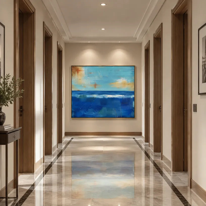 Abstract Expressionist landscapes & seascapes & cityscapes oil painting showing a layered seascape with open water, sky and painterly movement in a blue palette.