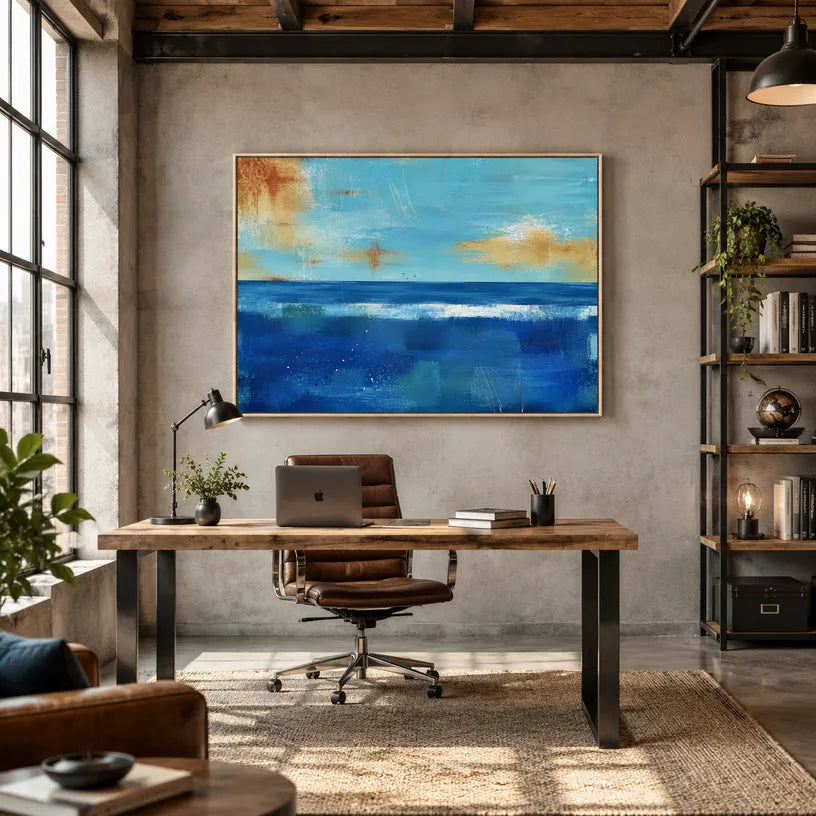 Abstract Expressionist landscapes & seascapes & cityscapes oil painting showing a layered seascape with open water, sky and painterly movement in a blue palette.