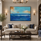 Abstract Expressionist landscapes & seascapes & cityscapes oil painting showing a layered seascape with open water, sky and painterly movement in a blue palette.