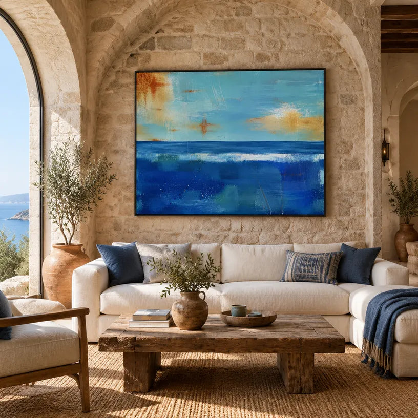 Abstract Expressionist landscapes & seascapes & cityscapes oil painting showing a layered seascape with open water, sky and painterly movement in a blue palette.