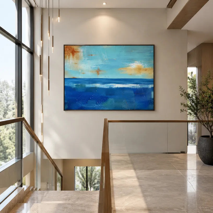 Abstract Expressionist landscapes & seascapes & cityscapes oil painting showing a layered seascape with open water, sky and painterly movement in a blue palette.
