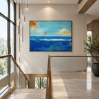 Abstract Expressionist landscapes & seascapes & cityscapes oil painting showing a layered seascape with open water, sky and painterly movement in a blue palette.
