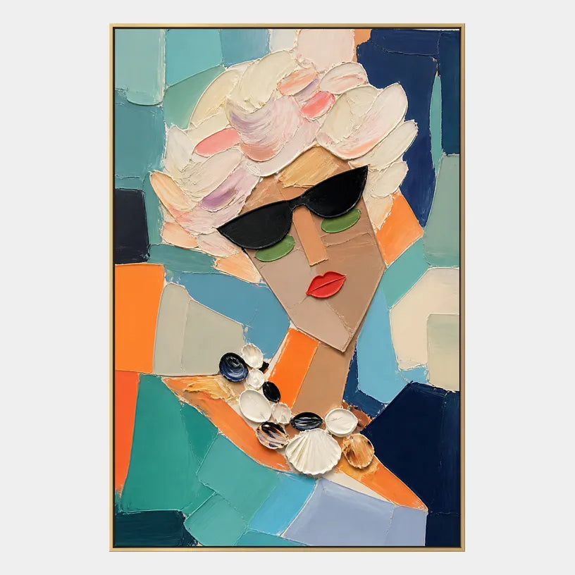 Abstract Expressionist portraiture & figure oil painting showing a fashion portrait with teal, coral and green accents in a green palette, contemporary wall art.