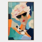 Abstract Expressionist portraiture & figure oil painting showing a fashion portrait with teal, coral and green accents in a green palette, contemporary wall art.