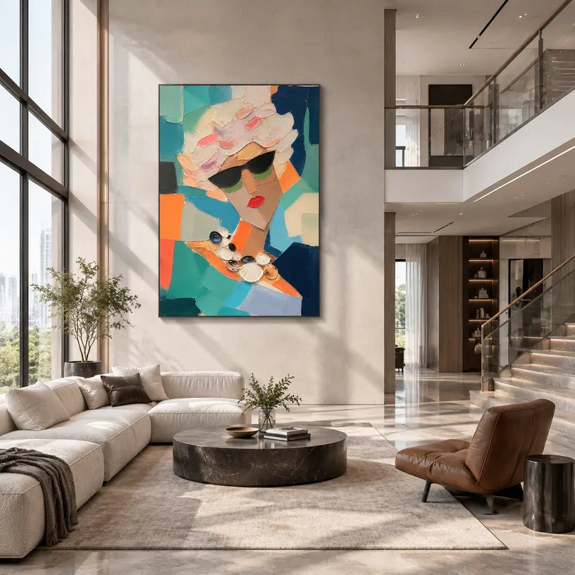 Abstract Expressionist portraiture & figure oil painting showing a fashion portrait with teal, coral and green accents in a green palette, contemporary wall art.