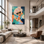 Abstract Expressionist portraiture & figure oil painting showing a fashion portrait with teal, coral and green accents in a green palette, contemporary wall art.