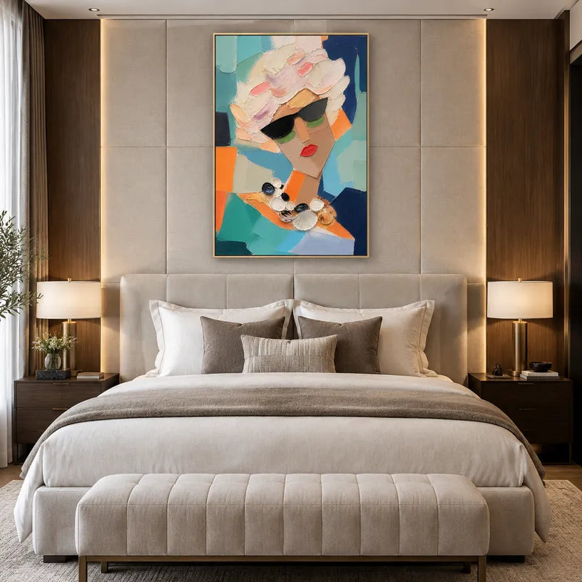 Abstract Expressionist portraiture & figure oil painting showing a fashion portrait with teal, coral and green accents in a green palette, contemporary wall art.