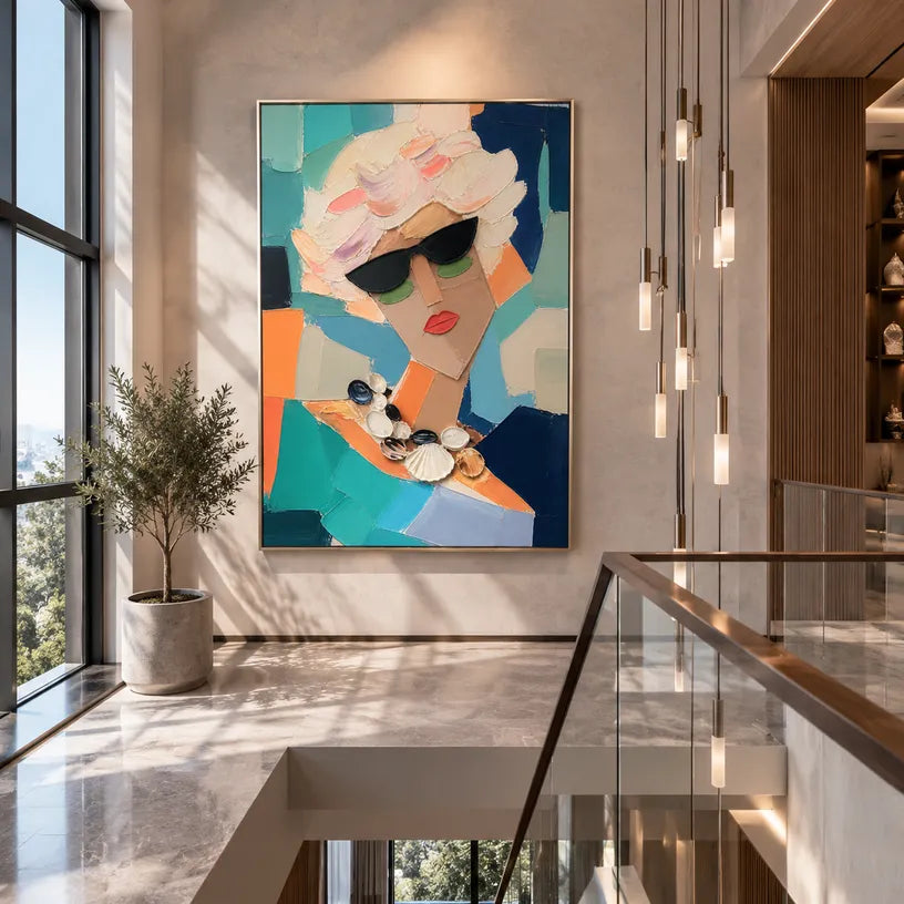 Abstract Expressionist portraiture & figure oil painting showing a fashion portrait with teal, coral and green accents in a green palette, contemporary wall art.