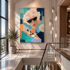Abstract Expressionist portraiture & figure oil painting showing a fashion portrait with teal, coral and green accents in a green palette, contemporary wall art.