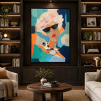 Abstract Expressionist portraiture & figure oil painting showing a fashion portrait with teal, coral and green accents in a green palette, contemporary wall art.