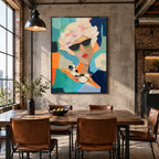 Abstract Expressionist portraiture & figure oil painting showing a fashion portrait with teal, coral and green accents in a green palette, contemporary wall art.