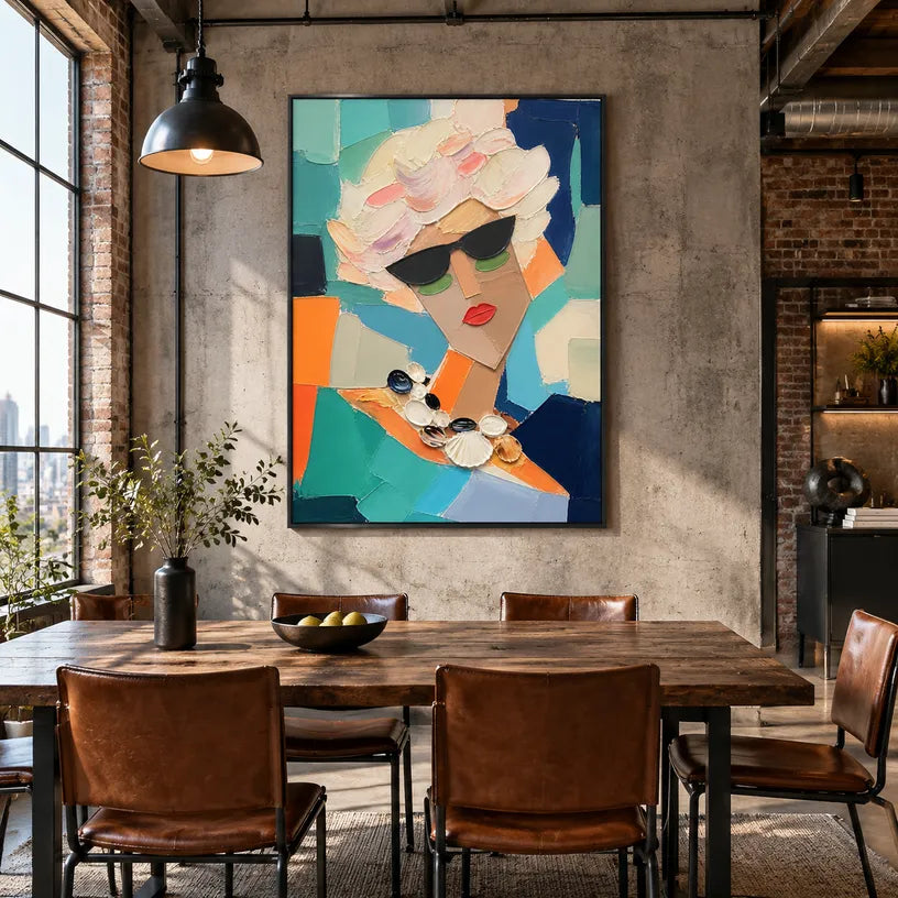 Abstract Expressionist portraiture & figure oil painting showing a fashion portrait with teal, coral and green accents in a green palette, contemporary wall art.