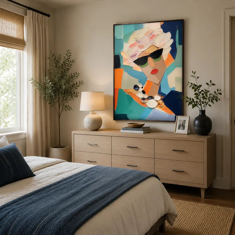 Abstract Expressionist portraiture & figure oil painting showing a fashion portrait with teal, coral and green accents in a green palette, contemporary wall art.