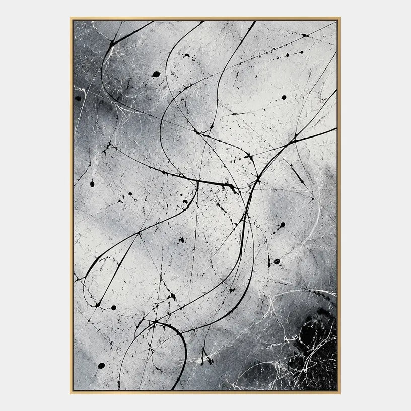 Abstract Expressionist abstract oil painting showing fine black lines over a pale ground in a black and white palette, contemporary wall art.