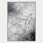 Abstract Expressionist abstract oil painting showing fine black lines over a pale ground in a black and white palette, contemporary wall art.