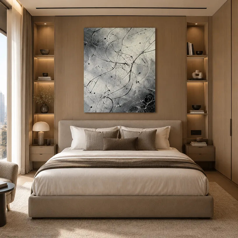 Abstract Expressionist abstract oil painting showing fine black lines over a pale ground in a black and white palette, contemporary wall art.