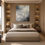 Abstract Expressionist abstract oil painting showing fine black lines over a pale ground in a black and white palette, contemporary wall art.