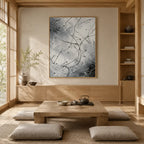 Abstract Expressionist abstract oil painting showing fine black lines over a pale ground in a black and white palette, contemporary wall art.