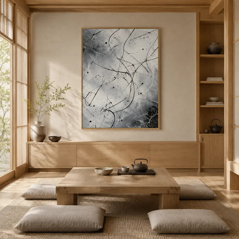 Abstract Expressionist abstract oil painting showing fine black lines over a pale ground in a black and white palette, contemporary wall art.