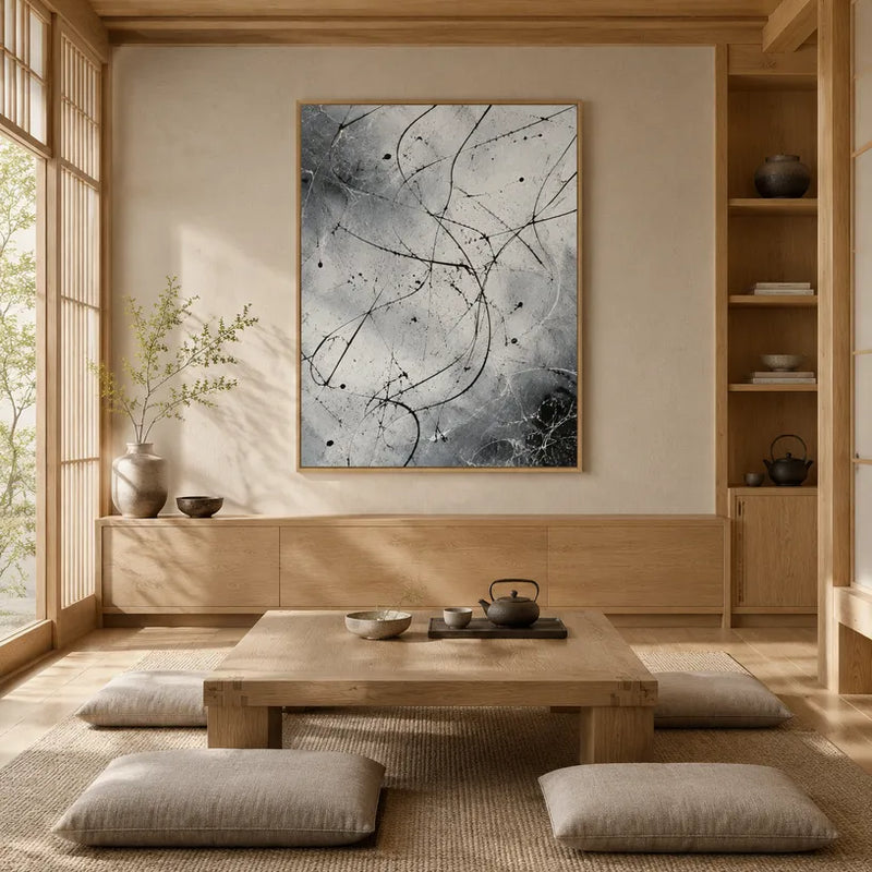 Espressionismo astratto Pittura a olio astratta e concettuale con segni astratti stratificati, consistenza e movimento pittorico espressivo in una tavolozza in bianco e nero.