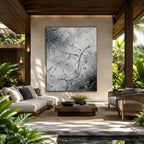 Abstract Expressionist abstract oil painting showing fine black lines over a pale ground in a black and white palette, contemporary wall art.