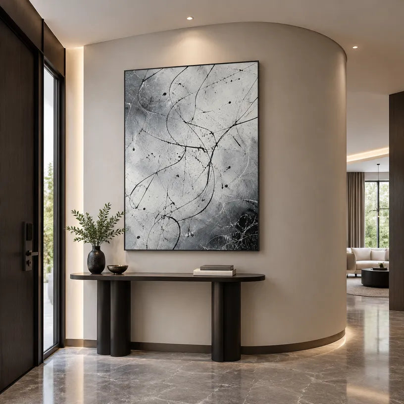 Abstract Expressionist abstract oil painting showing fine black lines over a pale ground in a black and white palette, contemporary wall art.