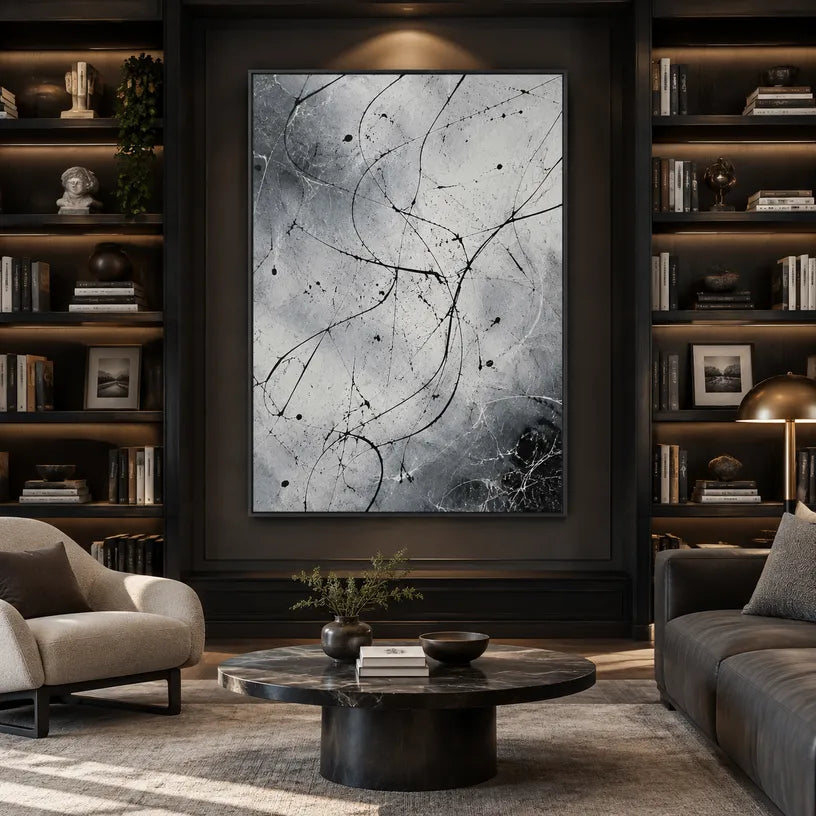 Abstract Expressionist abstract oil painting showing fine black lines over a pale ground in a black and white palette, contemporary wall art.