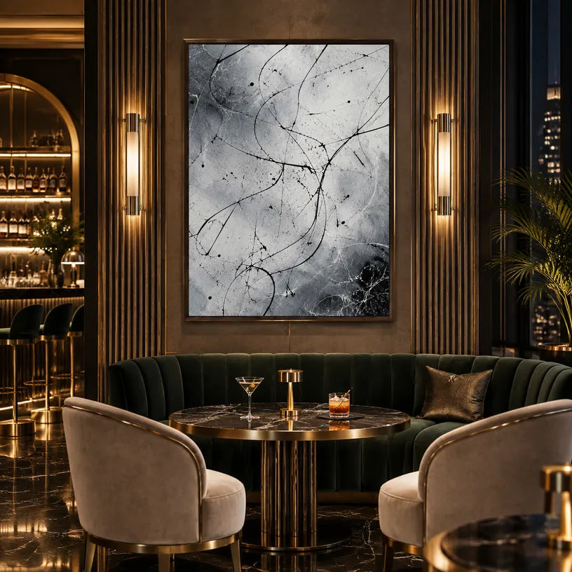 Abstract Expressionist abstract oil painting showing fine black lines over a pale ground in a black and white palette, contemporary wall art.