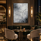 Abstract Expressionist abstract oil painting showing fine black lines over a pale ground in a black and white palette, contemporary wall art.