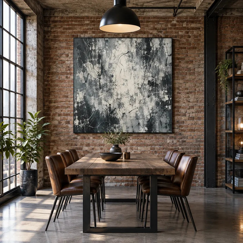 Abstract Expressionist abstract oil painting showing soft grey and white textured marks in a grey palette, contemporary wall art.