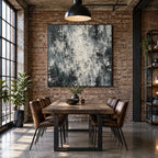 Abstract Expressionist abstract oil painting showing soft grey and white textured marks in a grey palette, contemporary wall art.