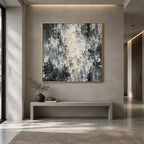 Abstract Expressionist abstract oil painting showing soft grey and white textured marks in a grey palette, contemporary wall art.