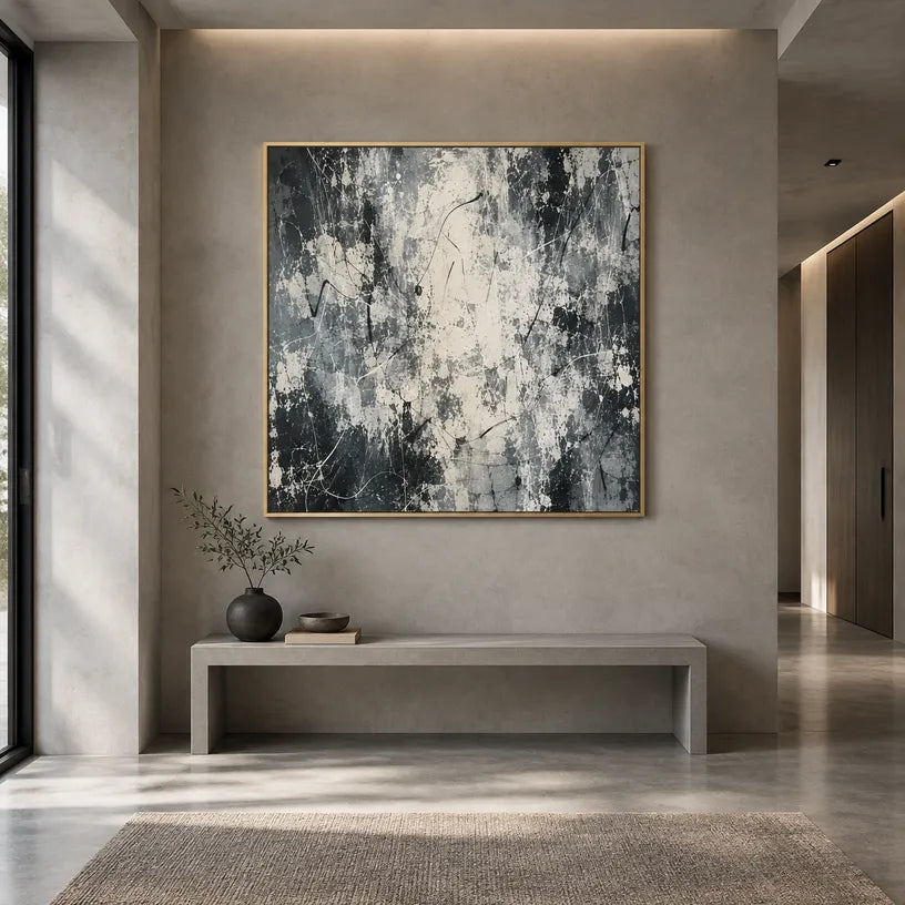 Abstract Expressionist abstract oil painting showing soft grey and white textured marks in a grey palette, contemporary wall art.