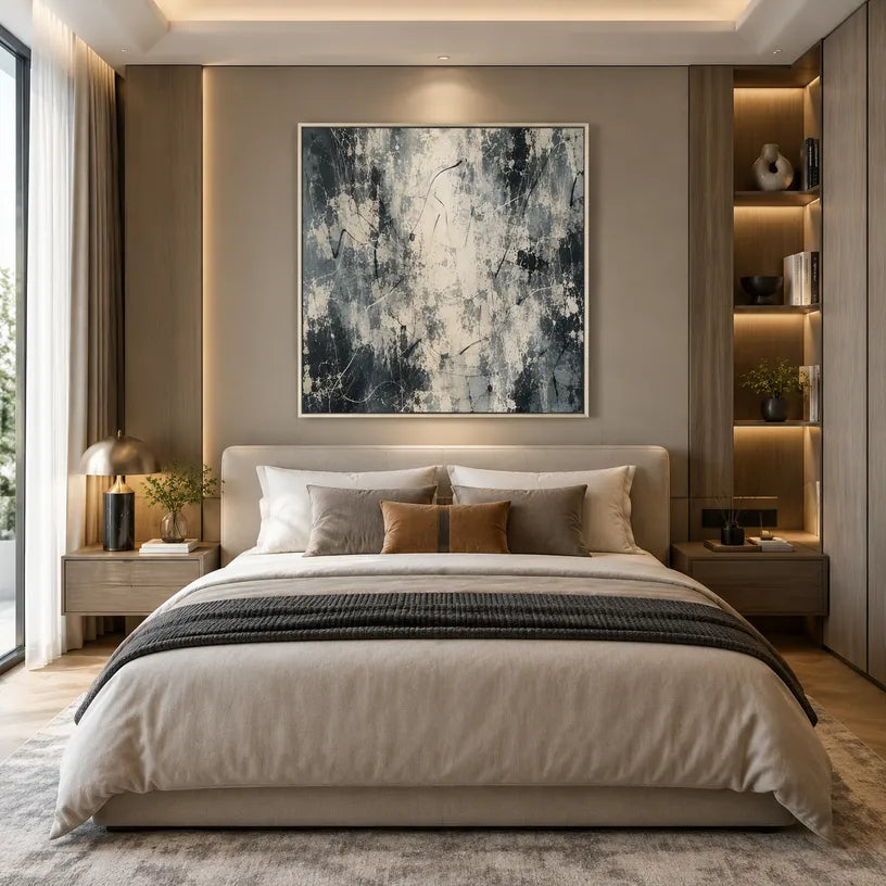 Abstract Expressionist abstract oil painting showing soft grey and white textured marks in a grey palette, contemporary wall art.