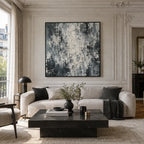 Abstract Expressionist abstract oil painting showing soft grey and white textured marks in a grey palette, contemporary wall art.