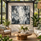 Abstract Expressionist abstract oil painting showing soft grey and white textured marks in a grey palette, contemporary wall art.